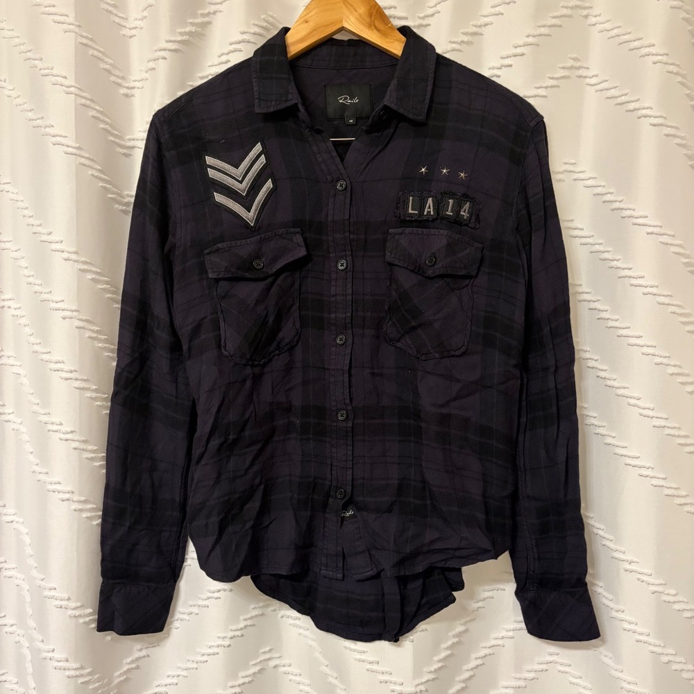 Rails Pepper Plaid Shirt Onyx Charcoal Black Military Patch Star Rayon XS
